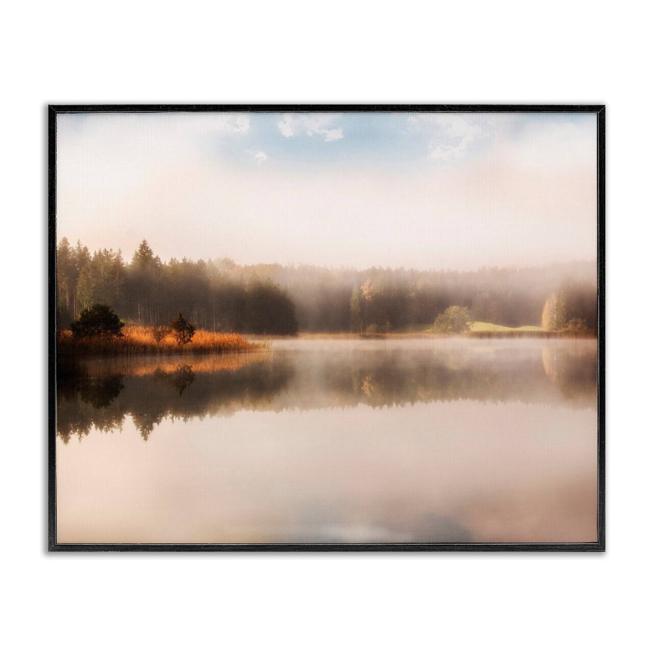 Stupell Industries Autumn Lake Misty Landscape Distant Pine Tree Forest Framed Giclee Art